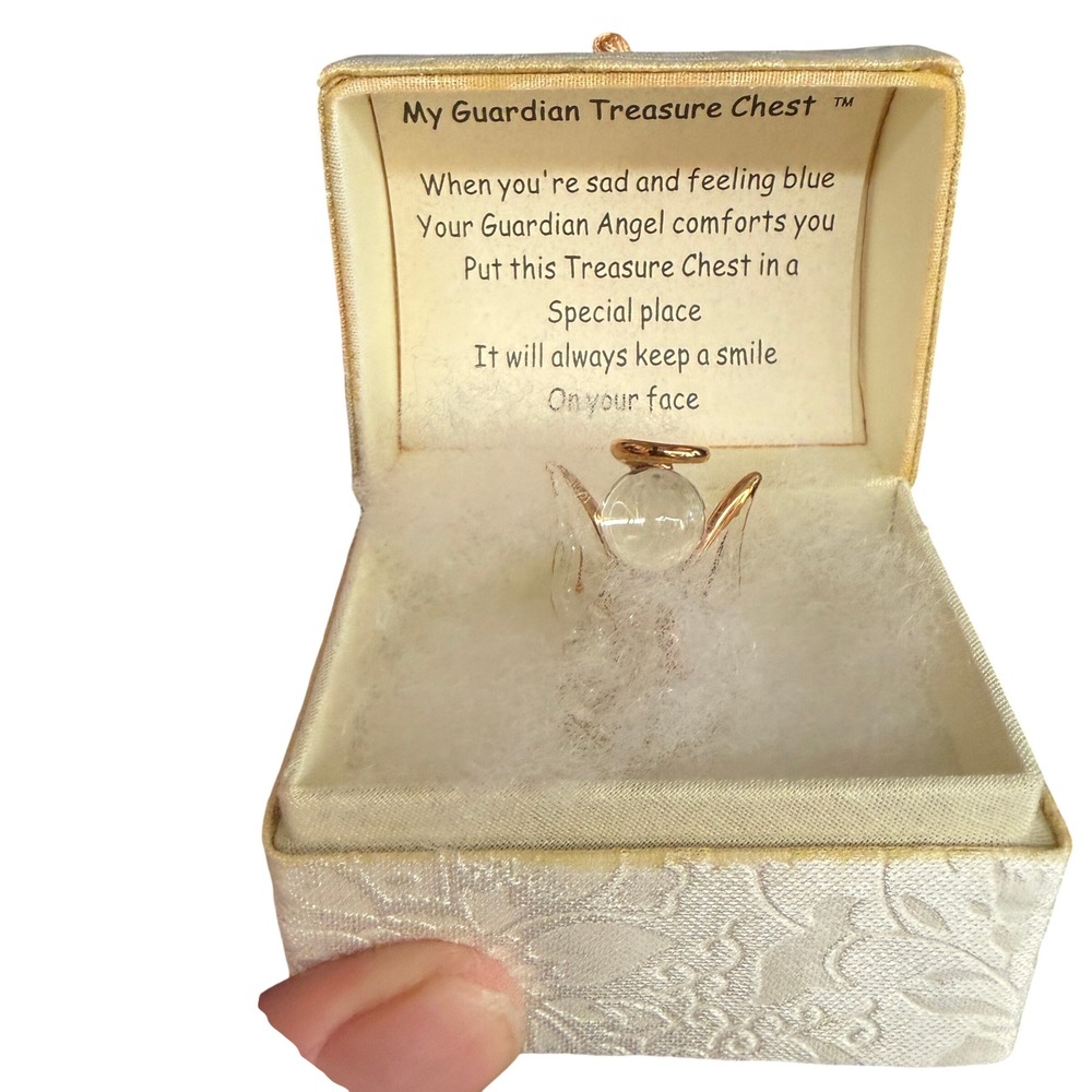 Vintage Guardian Angel Glass Figurine in White Brocade Treasure Chest Box